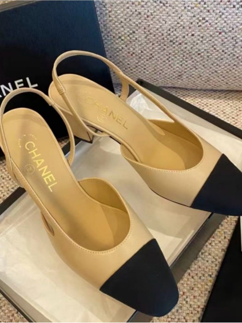 Authentic CHANEL Beige and Black Two-Tone Slingback Pumps 38